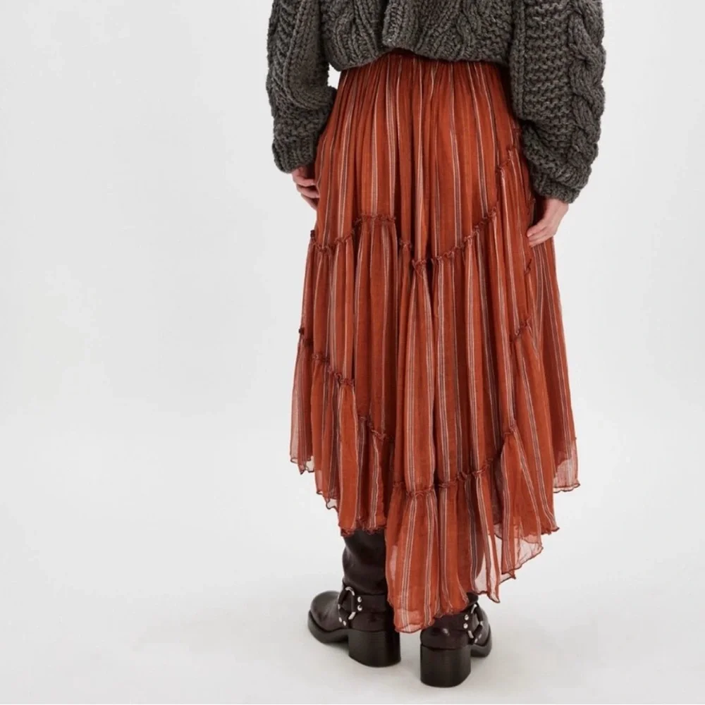 Free People One Ember Printed Flowy Midi Skirt In Terracotta Stripe - Picture 3 of 15